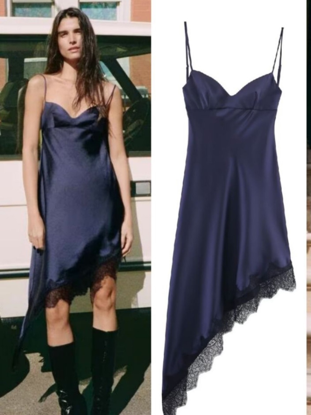 Zara NWT satin asymmetric lace dress viral blue 9188/332